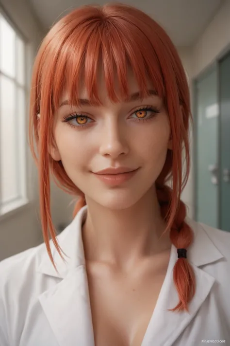 Makima from chainsaw man. Seductive pose, seductive sexy soft smiling, sexy seductive figure. Close up portrait. Hospital scene. 