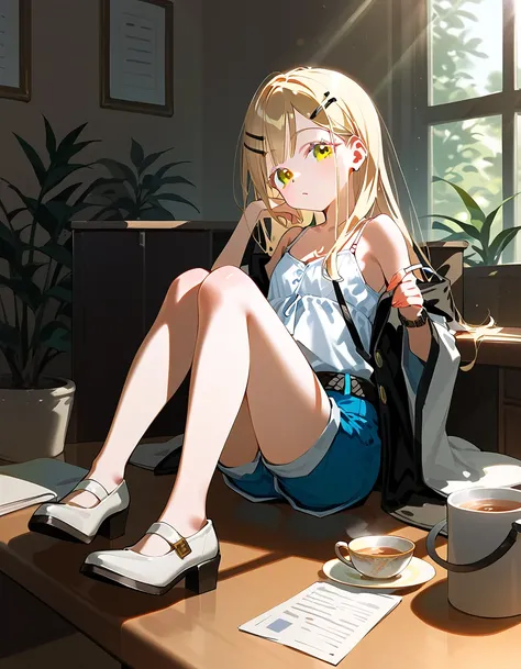 Relaxing in the waiting room with tea,Sitting in a Chair,, hiro-default,shinosawa hiro,slender,orange eyes,white eyelashes,blonde hair,long hair,hairclip,white camisole,blue shorts,coat,wide sleeves,belt,white footwear, ((A simple office room)), extremely ...