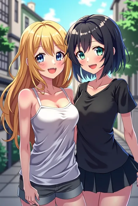 Two girls, one who is a blonde with long hair with blue eyes with a feminine touch ,  and the other a black haired woman with green eyes with short hair with a manly touch
Let them be from anime
