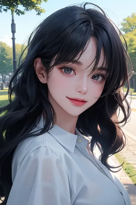 ((front view)),(best quality, ((masterpiece)), beautiful detailed Eyes, 8K resolution, cinematic lighting,detailed clothes,Semi-realistic),smile,1 woman,((25-year-old)),((bunt bangs)), ((dark blue wavy hair)),white blouse,in the park, fresh