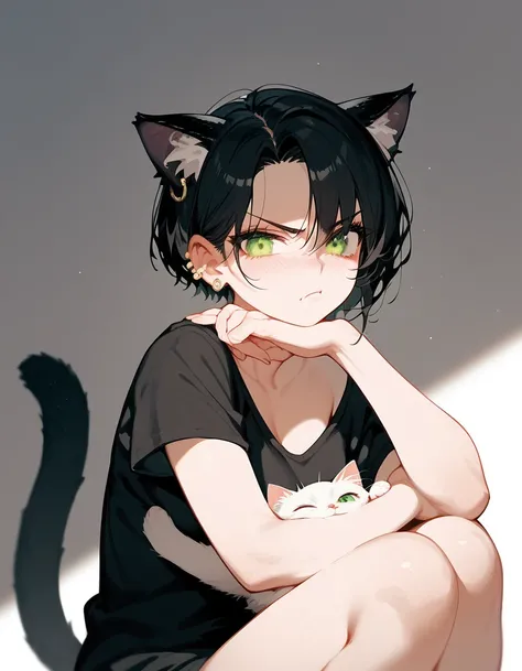 alone,girl,Black Cat Ears , short hair , in green eyes , small breasts, Black T-Shirt ,Ear Piercing, black hair, cute,sit,Tall,Tsundere,milf, ,lust,Hug a white cat