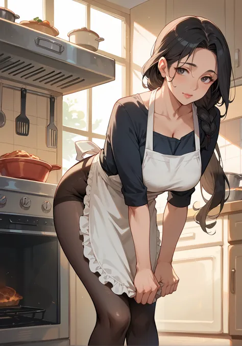 1girl, solo, mother, milf, mature female, perfect face, perfect lighting, Black Hair, Straight Hair, Long hair tied in a low position, sexy pose, cooking apron, black pantyhose, kitchen, standing next to oven, bent over,