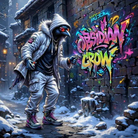 A hip hop anthropomorphic crow, street graffiti artist. Wearing baggy white pants, a black shirt and white puffy winter coat with a fur hood with large mirroredsunglasses. Wearing flourescent silver, blue and purple, hi-top Jordan sneakers. Engaged in dyna...