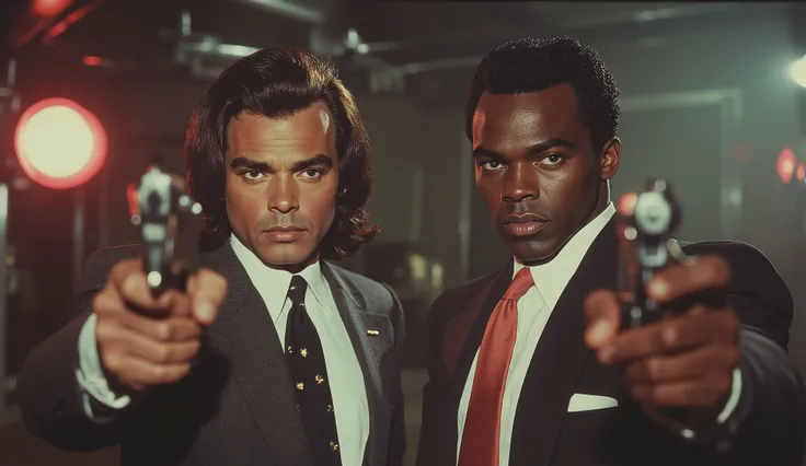 Scene from Pulp Fiction but in the 50's ,  Vincent Vega played by Marlon Brando ,  of white race and with long black and milky hair,  and Jules Winnfield by Sidney Poitier , black with curly hair and goatee , both of them in jacket suits pointing their gun...