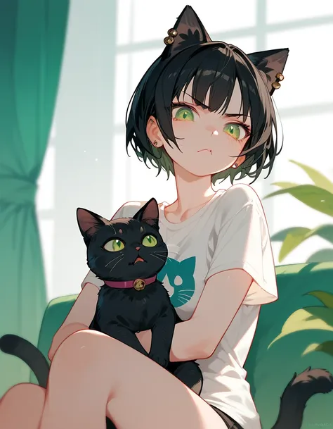 alone,Small breasted girl ,Black Cat Ears , short hair , in green eyes , small breasts, Black T-Shirt ,Ear Piercing, black hair, cute,sit,Tall,Tsundere,, ,lust, hugs a skinny white cat,milf