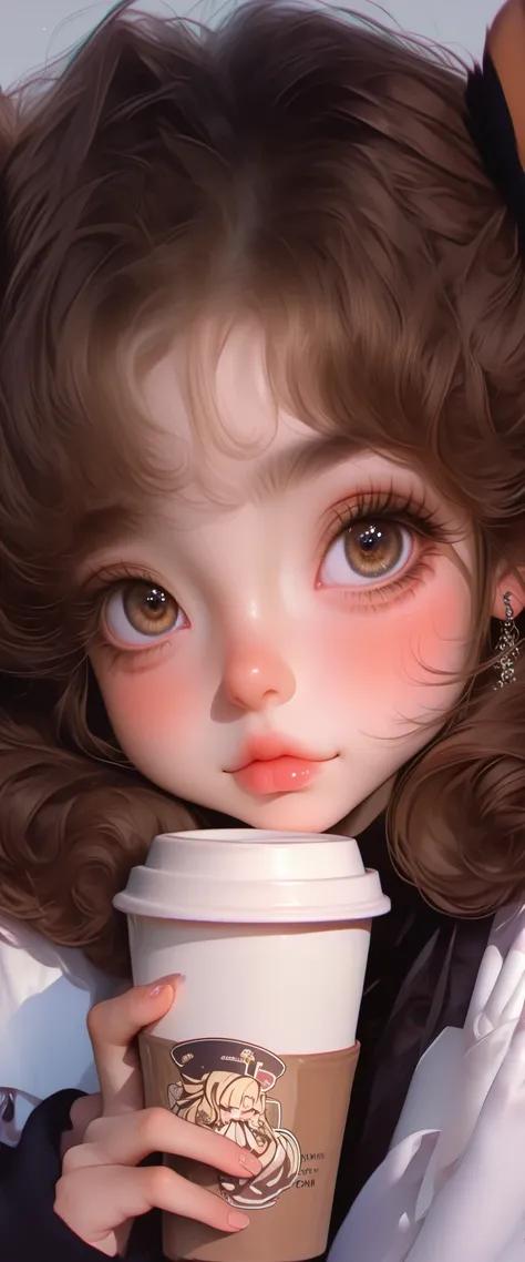 There is a girl holding a cup of coffee in her hand, pretty girl-fine face, beautiful natural anime face, with a cute face - fine -, sakimi-chan, chiho, Yoshitomo Nara, young cute face, beautiful Japanese girls young face , brown hair and big eyes , linda...