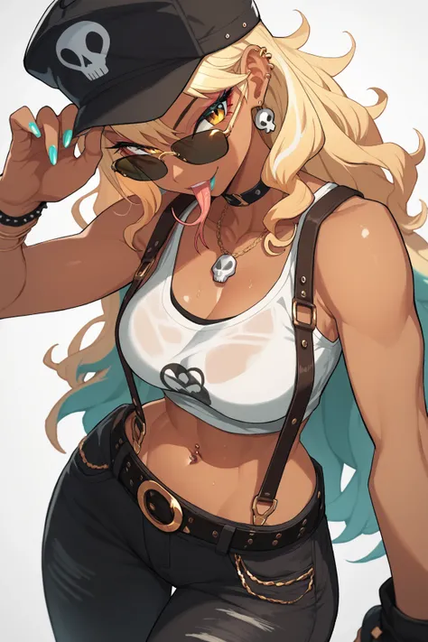 score_9, score_8_up, score_7_up, lhata4564, 1 girl, tank top, suspenders, tanned skin, gyaru, skull manicure, techwear pants and boots, sunglasses, cap, snake eyes, snake tongue, creative pose, navel, slim waist, full body