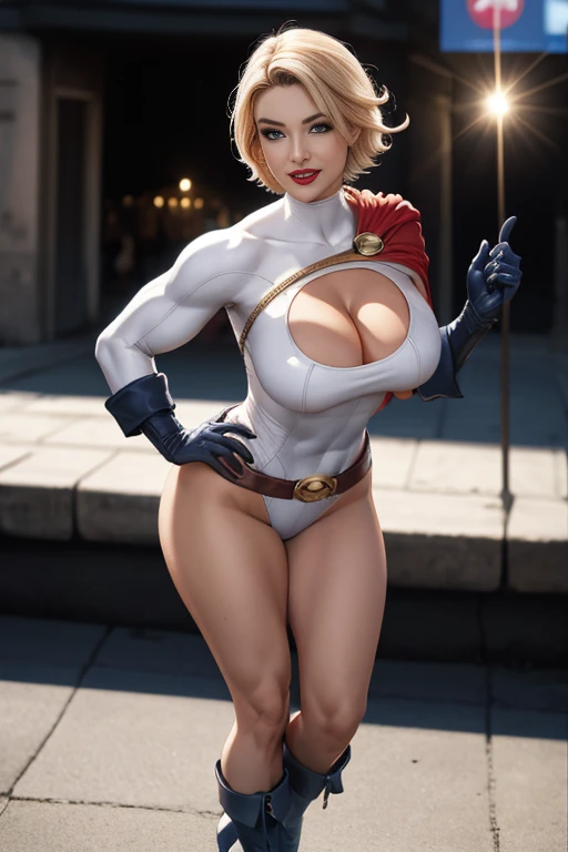 de forehead,pose, looking at the spectator,Alone , BREAK, 
 cartoon_CD_POWERFUL GIRL_ ownwaifu , www. ownwaifu ., 
breasts,  blond hair , Blue eyes, large breasts,  short hair, Lips,  thighs, make-up, Lipstick, muscular,   muscular woman , thick  thighs, h...