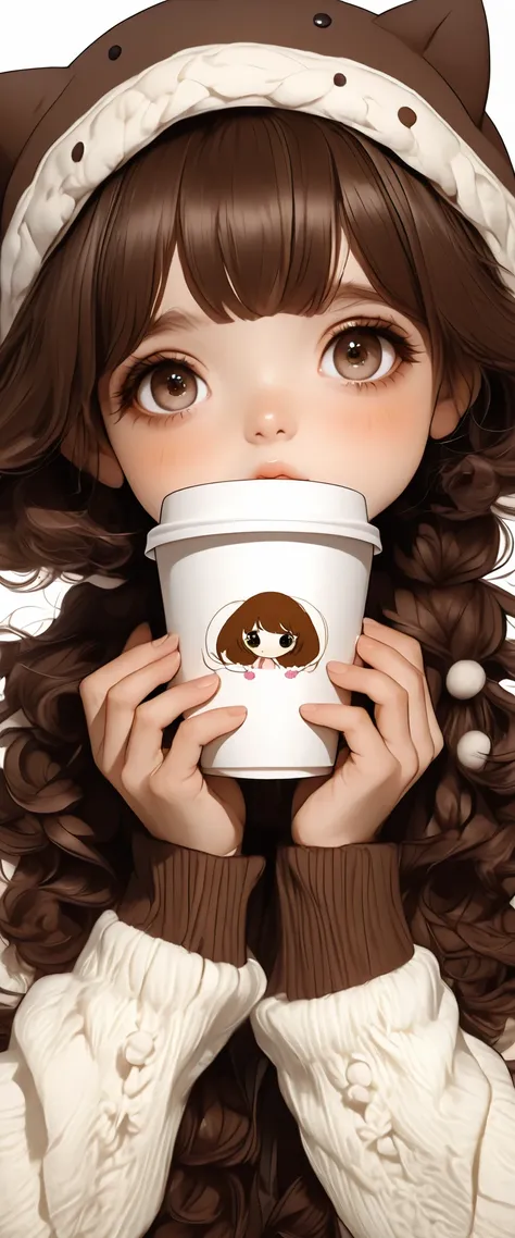 There is a girl holding a cup of coffee in her hand, pretty girl-fine face, beautiful natural anime face, with a cute face - fine -, sakimi-chan, chiho, Yoshitomo Nara, young cute face, beautiful Japanese girls young face , brown hair and big eyes , linda...