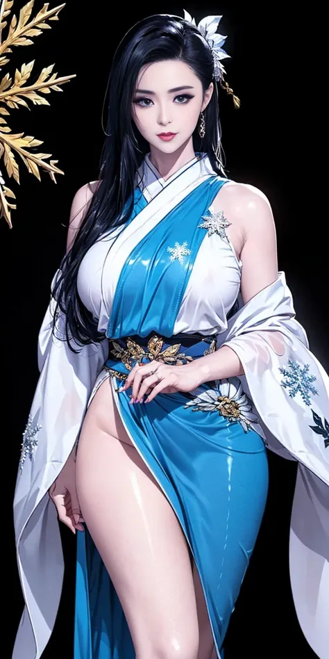 (best quality:2.0),(extremely detailed:2.0),(highly detailed:2.0),(Aoi Mai,a captivating snow woman (yuki-onna),exudes an aura of elegance and sensuality),(Her youthful appearance defies her status as a mother,and her icy beauty is matched only by her powe...