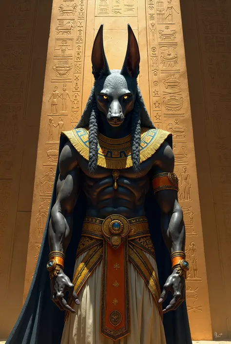  I want an art of an Egyptian god inspired by Anubis in front of a wall full of hieroglyphics inside the pyramid, Non-vibrating lighting please 