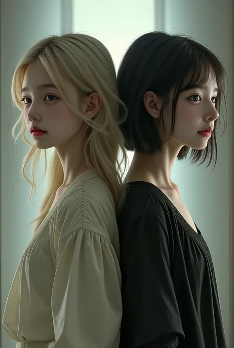  Two girls one who is a blonde with long hair and blue eyes with a feminine touch,  and the other a blackhaired woman with green eyes with short hair with a manly touch and that she is taller with a sad look and that both of them are turning their backs on...