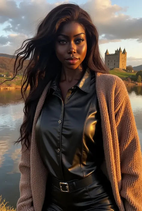 a gorgeous african woman, wavy hair in the wind. she's a men magazine model, She has a subtle smile and flirts with the camera, (she wears leather shirt with a long wool sweater and pvc leggings:1.2),background landscape of Scotland Loch and Scottish castl...