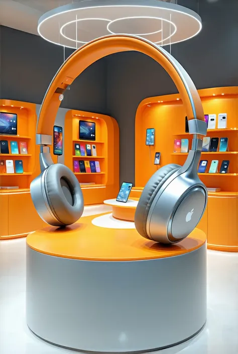 Design mobile store island, Headphone island shape, silver and orange material,  more silver than orange, phones in island, glass counter, phone silver pantch behind counter ,lighting, real render, 4k, vray render