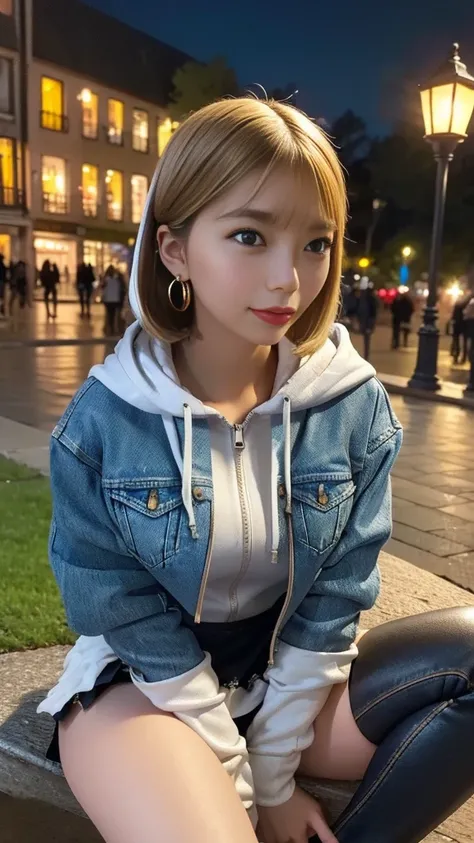 ( Closed White Pull Zip Hoodie:1.2)、(( denim jacket))、Leather Flared Mini Skirt 、 Knee High Heels Boots 、 1 girl、 Straight Bob Hair 、 side ponytail 、Blonde、Big Breasts、 skinny body、 fishnet tights、Earrings、Around town、 Sit on a green park bench、 Night Park...