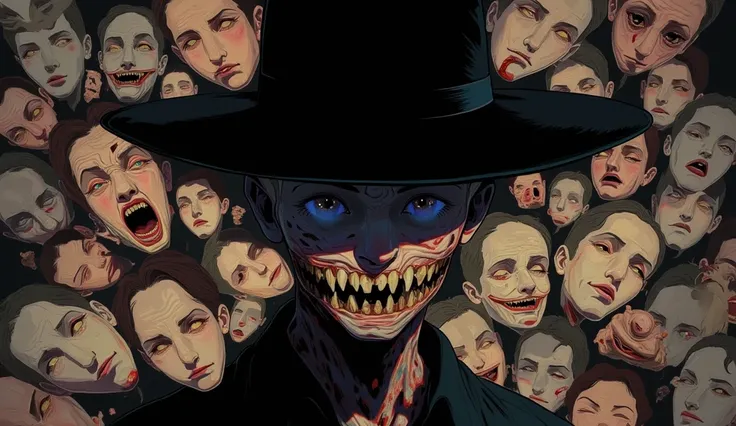 anime poster of a man with a hat and many creepy faces, horror wallpaper aesthetic, dark but detailed digital art, dark art style, detailed 4k horror artwork, art style of junji ito, junji ito artwork, junji ito 4 k, dark illustration, junji ito style, sub...