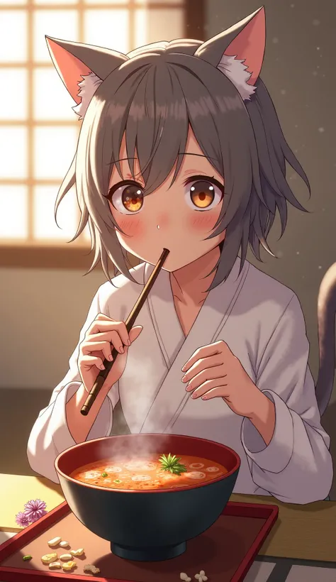 Cat girl eating Japanese soup