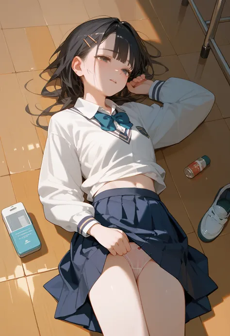 girl is lying unconscious on the floor,  school clothes, the skirt got lifted up,  you can see the panties 
