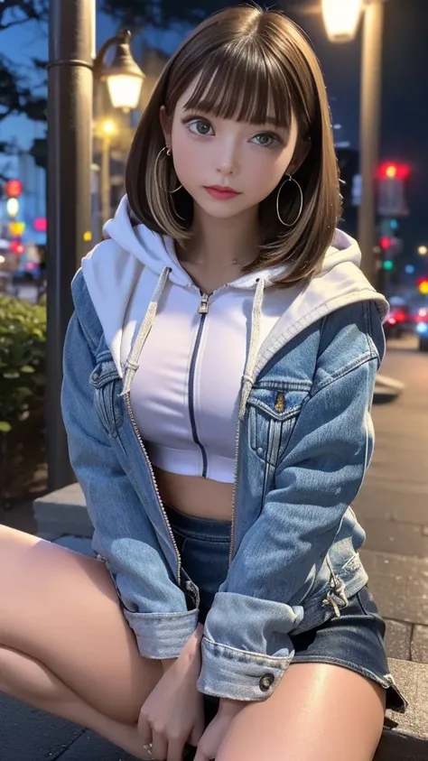 ( Closed White Pull Zip Hoodie:1.2)、(( denim jacket))、Leather Flared Mini Skirt 、 Knee High Heels Boots 、 1 girl、 Straight Bob Hair 、 side ponytail 、Blonde、Big Breasts、 skinny body、 fishnet tights、Earrings、Around town、 Sit on a green park bench、 Night Park...