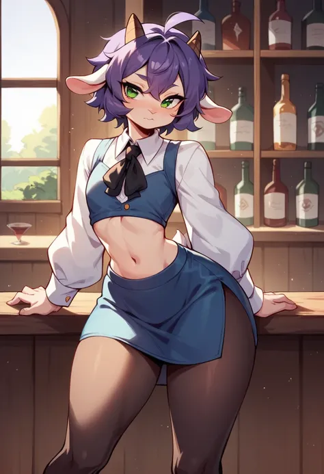 masterpiece, best quality, doremifaso64, adult баран, best quality , lamb ears , lamb horns , very detailed illustration , (Anthropomorphic guy:1,7), light skin , purple hair, green eyes, (19 years old) disheveled curvy hair , seductive look, ideal body, t...