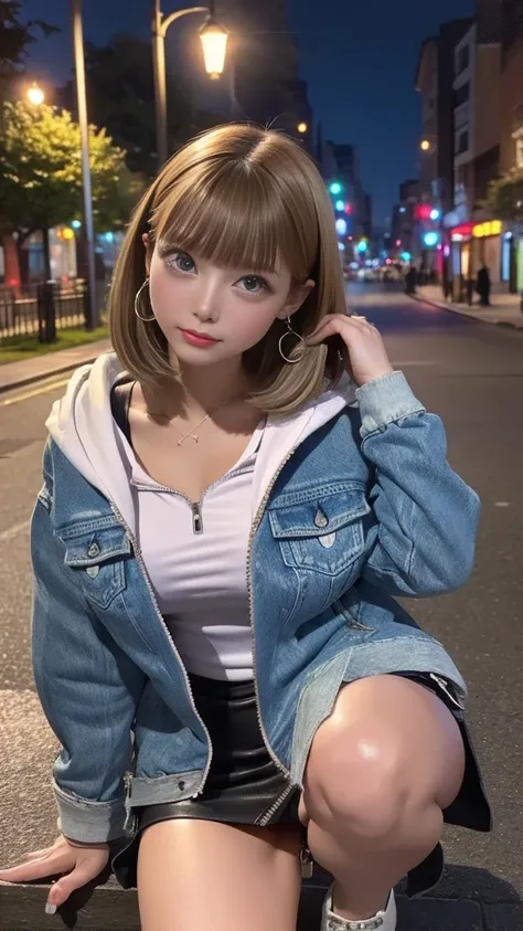 ( Closed White Pull Zip Hoodie:1.2)、(( denim jacket))、Leather Flared Mini Skirt 、 Knee High Heels Boots 、 1 girl、 Straight Bob Hair 、 side ponytail 、Blonde、Big Breasts、 skinny body、 fishnet tights、Earrings、Around town、 Sit on a green park bench、 Night Park...