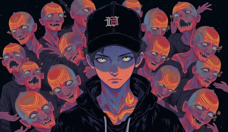 anime poster of a man with a cap, dressed in trap-rap/kpop style, and many creepy zombie-like faces, horror wallpaper aesthetic, dark but detailed digital art, dark art style, detailed 4k horror artwork, art style of junji ito, junji ito artwork, junji ito...