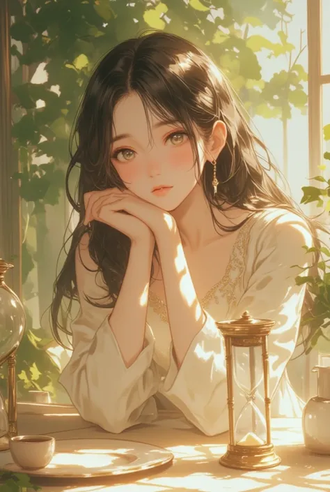 ANGLE ((Wide and serene composition ANGLE)) 1.8], photorealistic anime flux, Young woman in ivory dress, (dress with subtle gold embroidery, long hair loose, deep-set eyes, soft and contemplative expression, tea table, table, ((Head resting on arms crossed...