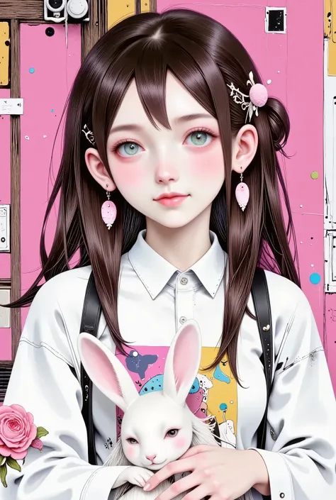 centered image, There is a girl holding a plush rabbit in her hand, pretty girl-fine face, beautiful natural anime face, with a cute face - fine -, sakimi-chan, chiho, Yoshitomo Nara, young cute face, beautiful Japanese girls young face , brown hair and b...