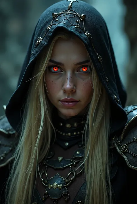 A real life, portrait, highly detailed, of a real life character from world of Warcraft, Close-up portrait of Sylvanas Windrunner Mystical, setting low light, she’s in a large cave close-up portrait, highly detailed face, Long blonde hair, wearing a black ...