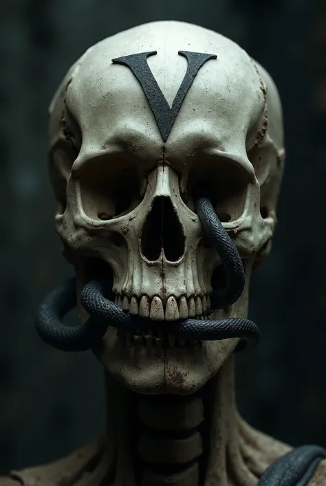 Skull with a snake passing through the mouth and coming out of the eye with the letter V carved on the skull 