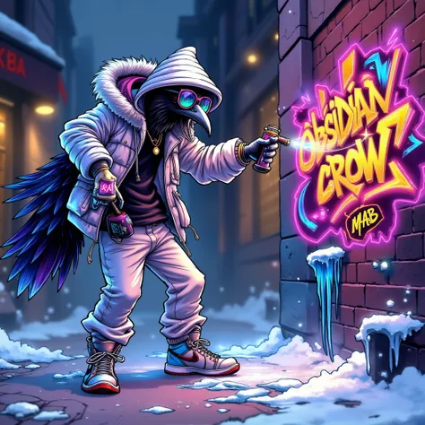 A hip hop anthropomorphic crow, street graffiti artist. Wearing baggy white pants, a black shirt and white puffy winter coat with a fur hood with large mirroredsunglasses. Wearing flourescent silver, blue and purple, hi-top Jordan sneakers. Engaged in dyna...