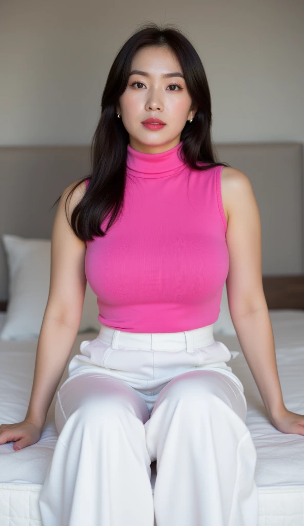 a female student , sitting pulled over the mattress leaning with both hands on the mattress, Facing front,use a pink turtle neck sleeveless t-shirt,  using white long leg trousers,  big boobs,  red lips