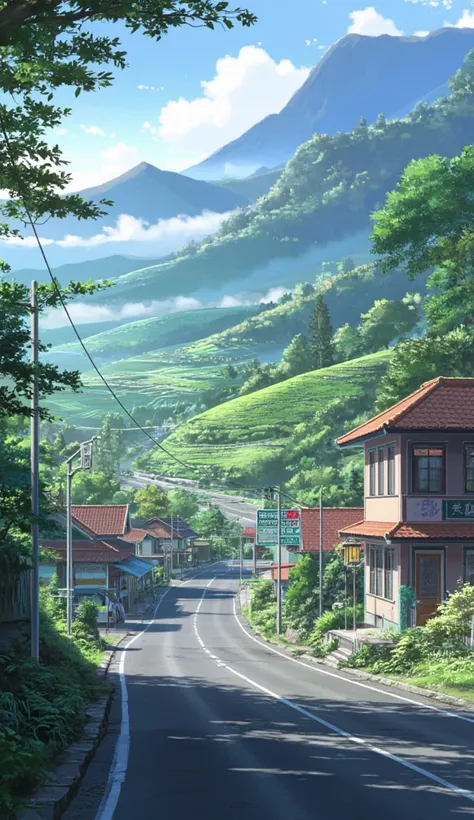 Make an anime style background, on the side of the road, beside the road there are houses and small shops like in "Bogor-Indonesia", surrounded by mountains and tea gardens, detailed textures, sharp images, HDR, Camera angel from below.