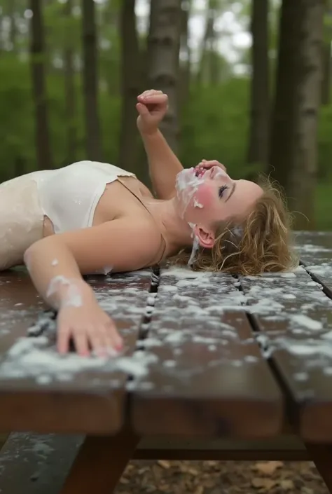   Little German schoolgirl with blond hair and slim body and blue eyes is lying on her back in the middle of a forest on a wooden picnic table. She has sex with an old fat man she is naked .  Bad weather ,rain, windy, dark photo gray sky,  no sun . She loo...