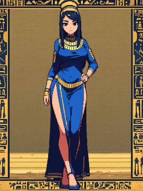  a woman, game developer, with sexy clothes from ancient Egypt and black hair.  full body .
