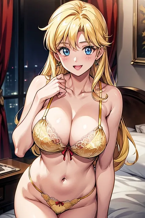 Minako Aino, blue eyes, blonde hair, earrings, ((red ribbon)), cleavage, long hair, (((sexy yellow color lingerie))),Very detailed、highest quality、Best image quality、masterpiece、8k、Anime Face、A kind smile、Open Mouth、big breast, sexy、 beautiful body 、Cowboy...