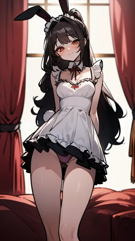  wearing panties , Waist length wavy black hair, penetrating gaze with deep red eyes, average height,  black hair long to the waist, Silky hair with a ponytail hairstyle tied with a red ribbon with two white lines, has a vagina, has breasts, breast cup to,...