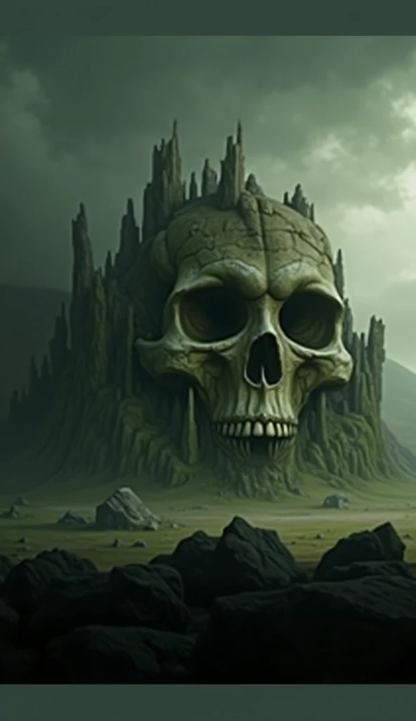 "Create a highly detailed image of a massive, ancient castle formed naturally from a colossal rocky skull embedded into a desolate, misty landscape. The structure should resemble a cranium, with jagged, weathered stone forming hollow eye sockets and a gapi...