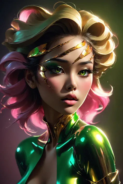 80’s glam rock makeup on shiny face, asian girl, anime, 2.5D, moody lighting, (green, pink, gold), pretty, sexy, minimal, sleek, slender, asian, elegant, futuristic, retro, sophisticated half human half machine, mouth open wide, Kizi，(eyes looking off to s...