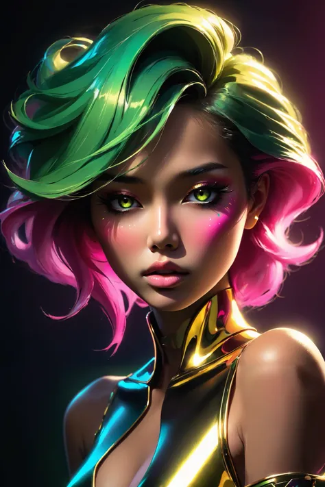 80’s glam rock makeup on shiny face, asian girl, anime, 2.5D, moody lighting, (green, pink, gold), pretty, sexy, minimal, sleek, slender, asian, elegant, futuristic, retro, sophisticated half human half machine, mouth open wide, Kizi，(eyes looking off to s...