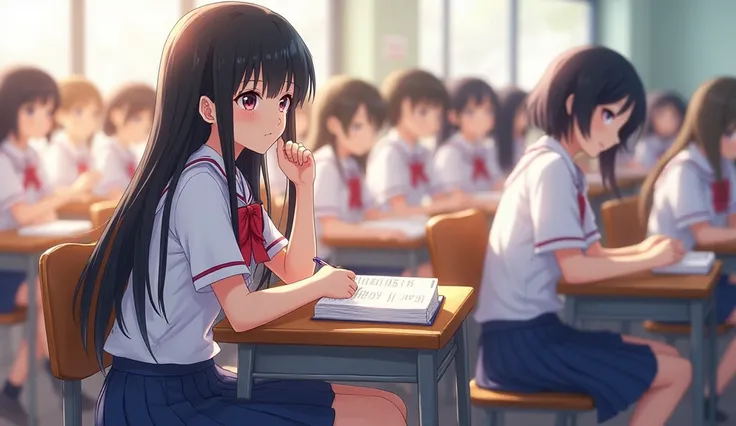 Anime style. 1 girl, long black hair, school uniform, white blouse with red bow, pleated blue skirt, thinking, looking to the book on her hand, pens, sitting on a school desk in classroom, crowded class room with students, morning with light sunlights, mas...