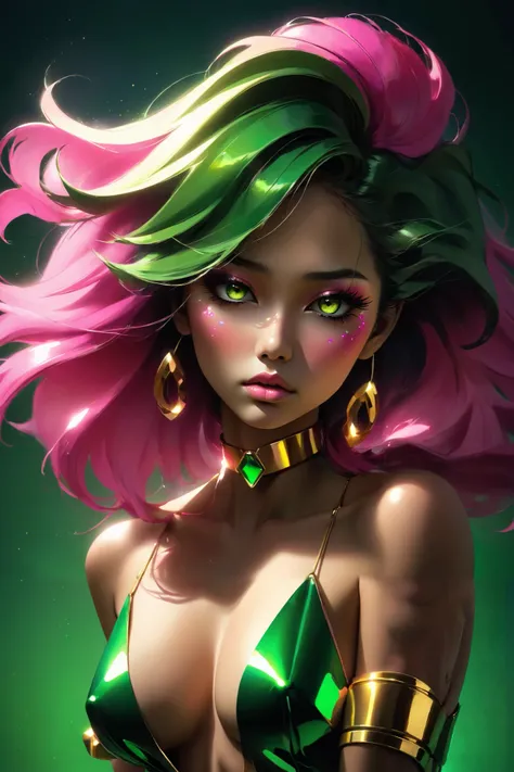 80’s glam rock makeup on shiny face, asian girl, anime, 2.5D, moody lighting, (green, pink, gold), pretty, sexy, minimal, sleek, slender, asian, elegant, futuristic, retro, sophisticated half human half machine, mouth open wide, Kizi，(eyes looking off to s...