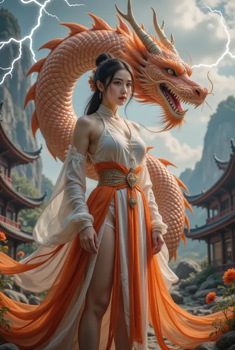 1 womonen, With one Chinese dronegon behind，Lightning and thunder，There is one Chinese dronegon behind the huge pumpkin house ，direction, Silver Honeir,   