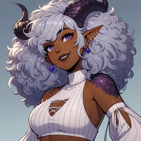 1girl, solo, portrait, afro-latina woman, thick lips, dark brown lipstick, female teifling ,large side afro-puffs hairstyle, silver hair, violet eyes, gold hoop earrings, large dragon horns from forehead, reptilian scales on face, small grin, playful expre...