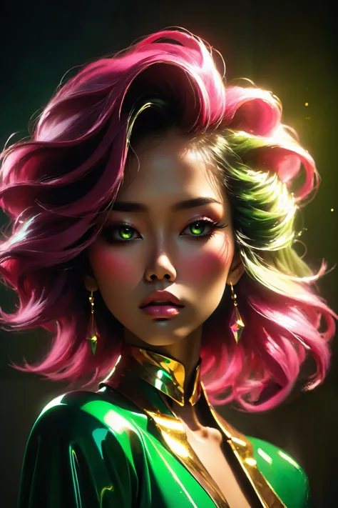 80’s glam rock makeup on shiny face, asian girl, anime, 2.5D, moody lighting, (green, pink, gold), pretty, sexy, minimal, sleek, slender, asian, elegant, futuristic, retro, sophisticated half human half machine, mouth open wide, Kizi,(eyes looking off to s...