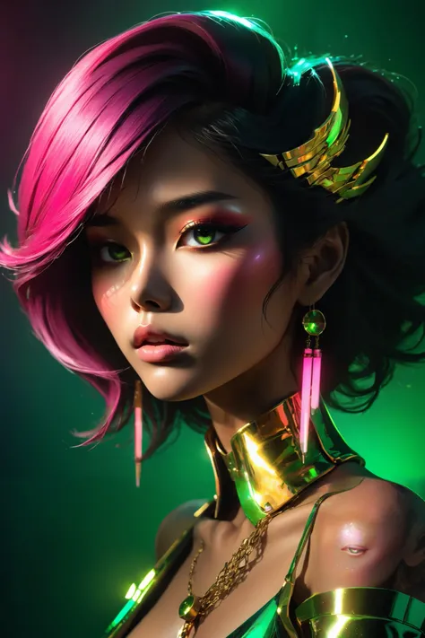 80’s glam rock makeup on shiny face, asian girl, anime, 2.5D, moody lighting, (green, pink, gold), pretty, sexy, minimal, sleek, slender, asian, elegant, futuristic, retro, sophisticated half human half machine, mouth open wide, Kizi,(eyes looking off to s...
