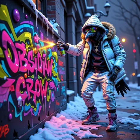 A hip hop anthropomorphic crow, street graffiti artist. Wearing baggy white pants, a black shirt and white puffy winter coat with a fur hood. Large mirrored sunglasses. Wearing flourescent silver, blue and purple, hi-top Jordan sneakers. Engaged in dynamic...