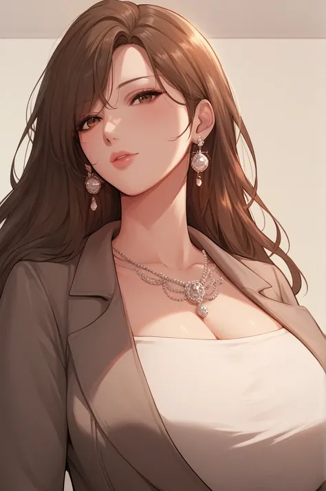 ((Best Quality, Masterpiece)), 8k, ((upper body)), (milf, woman), mommy, brown eyes, brown hair, long hair, large breasts, white dress, earrings, jacket on shoulders, jewelry,