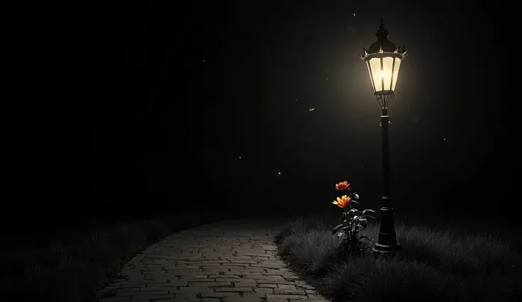 Black and white picture. The background is pitch black. A path winds past an antique street lantern which ist positioned in the golden cut on the right. The path itself vanishes into the darkness. Fireflys are buzzing around the lantern. The light of the s...