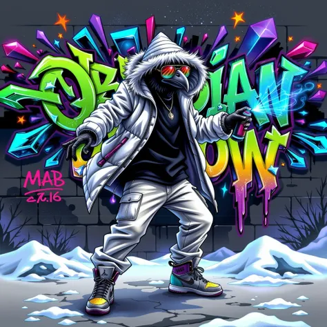 A hip hop anthropomorphic crow, street graffiti artist. Wearing baggy white pants, a black shirt and white puffy winter coat with a fur hood. Large mirrored sunglasses. Wearing flourescent silver, blue and purple, hi-top Jordan sneakers. Engaged in dynamic...